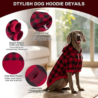 EXPAWLORER Plaid Dog Hoodie - British Style Warm Dog Sweater Shirt with Leash Hole,Pitbull Clothes Outfits,Winter Coat Apparel for All Breeds Puppy Girl Boy-Cat Apparel,Buffalo Check X-Large