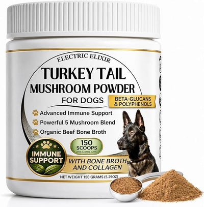 Turkey Tail Mushroom for Dogs - Organic Immune Support Powder w/Bone Broth & Collagen - Boosts Immunity, Gut & Overall Health - Buddy Health Guard Mushroom Blend - Food Topper Supplement -150 Scoops