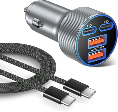 Super Fast Type C Car Charger, Besgoods Dual 45W USB C 4-Port Cigarette Lighter Adapter Compatible with Galaxy S26 Ultra S25 FE S24 S22 iPhone 17 16 15 Pro Max, with 6ft Braided USB C to C Cable