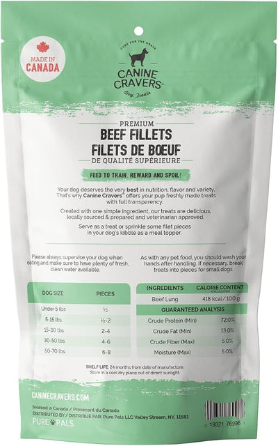 Canine Cravers Single Ingredient Dog Treats – Premium Beef Fillets - Human Grade Air Dried Hypoallergenic Pet Food – Grain, Gluten, and Soy Free – 100% All Natural - 5.3 oz