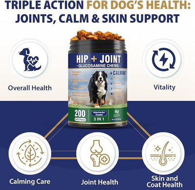 Hip and Joint Supplement for Dogs 200 Dog Calming Chews with Glucosamine, Chondroitin, Msm, Omega3, Melatonin for Senior Dogs Anxiety Pain Relief Anti Inflammatory Small/Medium/Large Dog -Bacon