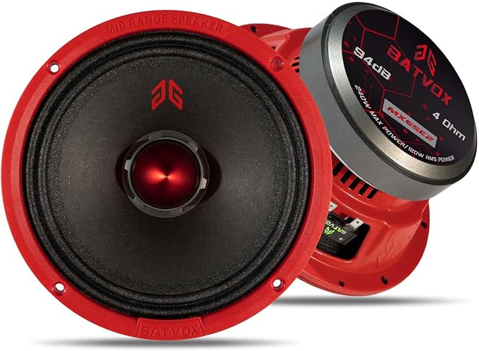MX65E2 Loudspeaker 6.5 Inch Midrange 480 Watts 4 Ohms Red Bullet, Premium Quality Audio Door Speakers for Car or Truck Stereo Sound System, Red (2 Speakers)