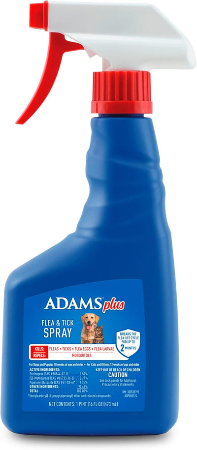 ADAMS Plus Cat & Dog Flea and Tick Treatment Spray, Kills Fleas & Ticks, Repels Mosquitoes, Prevents Flea Infestations for up to 2 Months, Flea Treatment for Dogs, Cats, Puppies & Kittens, 16 Fl Oz