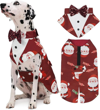Kuoser Christmas Dog Tuxedo Dogs Suit and Bandana Set, Santa Claus Doggy Christmas Outfit Adjustable Pet Xmas Costume with Bow Tie for Large Medium Small Dogs Golden Retriever Samo Bulldogs, Red L