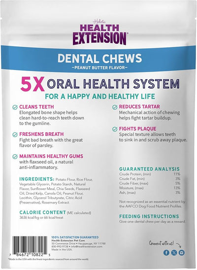 Health Extension Peanut Butter Dental Bones for Dogs, 8 Medium Bones, Healthy Gums, Freshens Breath, Cleans Teeth, Training or Reward, 6 oz Bag (Pack of 1)