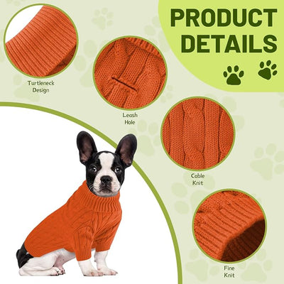 Small Dog Thermal Pullover Sweater, Classic Turtleneck Cable Knitwear Dog Clothes for Cold Weather Warm Pet Clothes for Chihuahua, Bulldog, Dachshund, Pug Orange Large