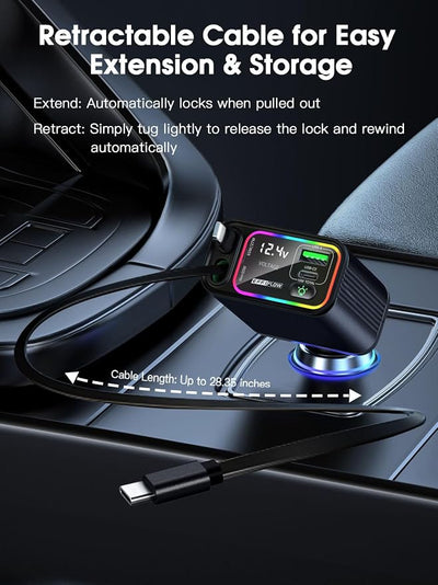 Dual Retractable Car Charger USB C, 145W Fast Charging Type C Car Charger with Retractable Cable, Compatible with iPhone 17/16/15/Air, Samsung S25/24/23/22, Pixel 9/8/7 - Black