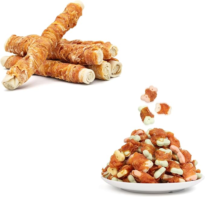MON2SUN 9 Inch Dog Rawhide Rolls 6 Count for Large Dogs & Mini Chicken Wrapped Biscuits 10.58 oz for Small Medium and Large Dogs