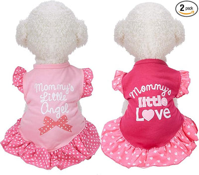 2 Pieces Dog Dresses for Dogs Cute Girl Female pet Dress Mommy Puppy Shirt Skirt Dresses Pet Summer Clothes Apparel for Cats(Love and Angel,Extra Small)