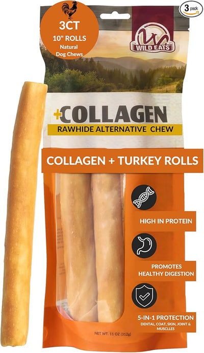 Wild Eats Turkey Flavor Collagen Retriever Style Cheek Rolls 10" Dog Chews-3 Pack (Long Lasting Dog Chews Treats & Bones for Medium Dogs) Substitute for Pig Ears for Dogs