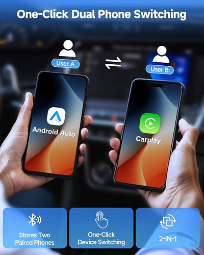 2-in-1 Wireless CarPlay & Android Auto Adapter, One-Click User Switching, Converts Wired to Wireless, Fit with iOS 10+ and Android 11+, Plug & Play, Supporting USB A & Type-C, Phantom Silver