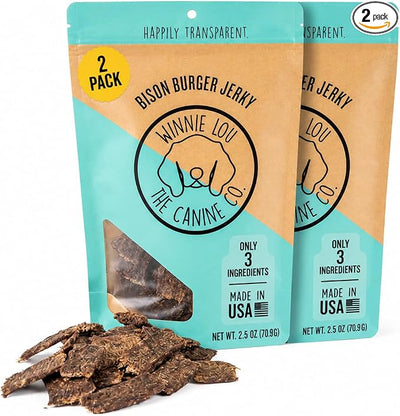 Winnie Lou Bison Burger Jerky Dog Treats – Limited Ingredient, Human Grade, Training Treats for Small, Medium & Large Dogs, USA Made, High Protein, Chews, Hypoallergenic, Sensative Stomach (2 Pack)