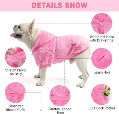 SCENEREAL Fleece Dog Sweaters Hoodie for Small Medium Large Dogs Girls Boys, Plush Fuzzy Dog Clothes Hoodies with Leash Hole, Winter/Fall Puppy Cold Weather Coat, Sherpa Hooded Sweatshirt, Rose Red S