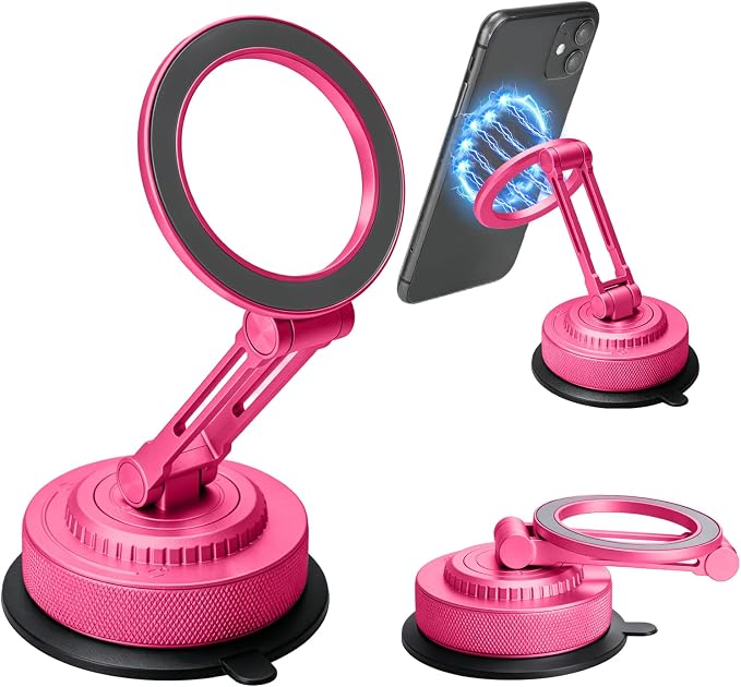 All-Metal Alloy Magnetic Suction Cup Car Phone Mount Holder Dash (Pink) | Strong Powerful Magnetic Heavy-Duty Suction Cup Windshield Dashboard Cell Mobile Phone Mount, Vehicle Bracket Holder for Car