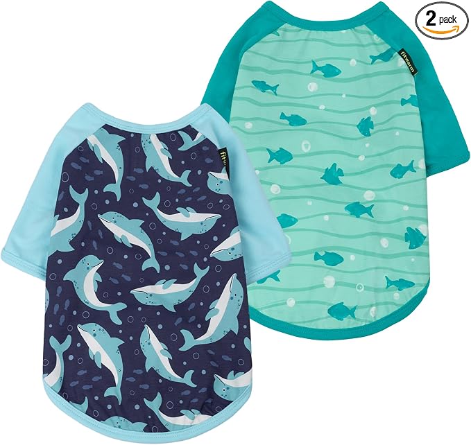 Fitwarm 2 Pack Dolphin & Fish Dog Shirt, Hawaiian Summer Clothes for Small Dogs Boy Girl, Lightweight Pet Outfit, Tea Blue, Green, Medium