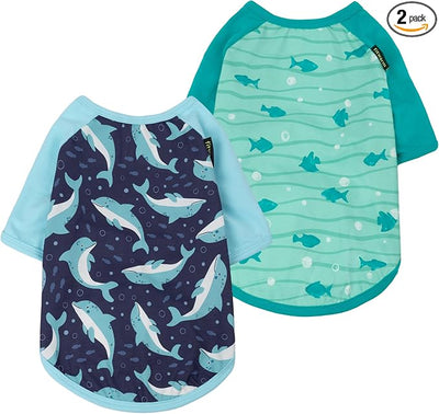 Fitwarm 2 Pack Dolphin & Fish Dog Shirt, Hawaiian Summer Clothes for Small Dogs Boy Girl, Lightweight Pet Outfit, Tea Blue, Green, Small