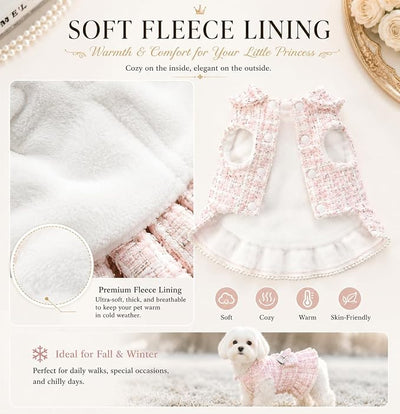 Spring Fall Winter Small Dog Tweed Princess Dress White Pearl Design, Warm Fleece Dog Coat for Girls, Cute Puppy Clothes with Bow Flower, Luxury Chanel Style Pet Outfit for Cats & Dogs(XS)