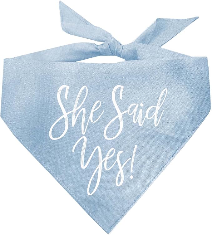 She Said Yes! Dog Bandana | 100% Cotton Triangle | Made in USA | Wedding Photo Prop | Bridal Shower | Engagement Announcement | Baby Blue, One Size (332)
