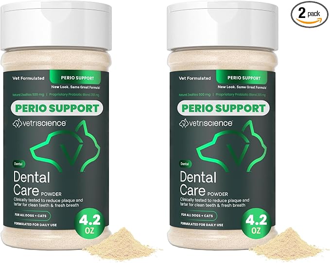 VetriScience Dental Care Powder,Perio Support Clinically Tested Dental Supplement for Small,Medium and Large Breed Dogs,Freshen Breath,Control Plaque and Tartar,Oral Health,4.2 oz,(Pack of 2)