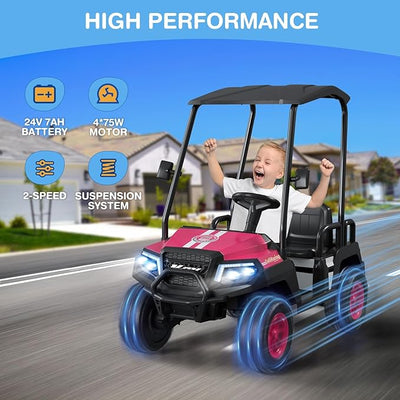 LIGIANT 24V Ride on Car for Big Kids, 4-Seaters Kids Golf Cart, Max. Capacity: 264 Lbs(4 Kids), 4WD Kid's Car w/Remote Control, Detachable Awning, Spring Suspension, Music/Story/Power Display