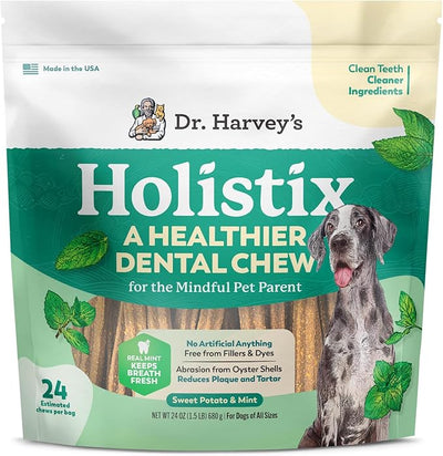 Dr. Harvey's Holistix Dental Chews for Dogs - Healthy Dog Teeth Cleaning & Fresh Breath Treats, Mint, Sweet Potato, Dried Kelp, Oyster Shells (24 Sticks)