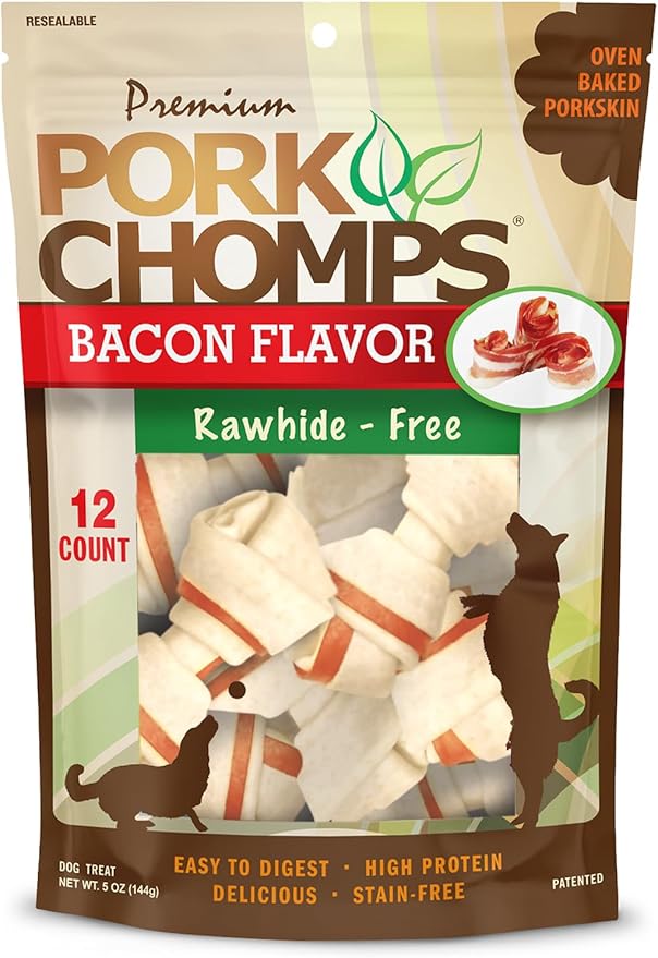 Pork Chomps Baked Pork Skin Dog Chews, 2.5-inch Mini Knots, Bacon Flavor Strip, 12 Count