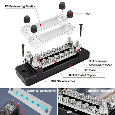 LENKRAD 150A Double-Row Busbar Power Distribution Block 12V Bus Bar with Ring Terminals, 304 Stainless Steel Marine Terminal Block and Ground Buss Bar Kit, 4 x M6 Stud, 12 x M4 Screw