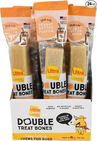 Ultra Chewy Peanut Butter Double Treat Bones: Long-Lasting Dog Treats Made in USA for Large and Small Breeds, Highly Digestible, Ideal for Aggressive Chewers (24 Count)