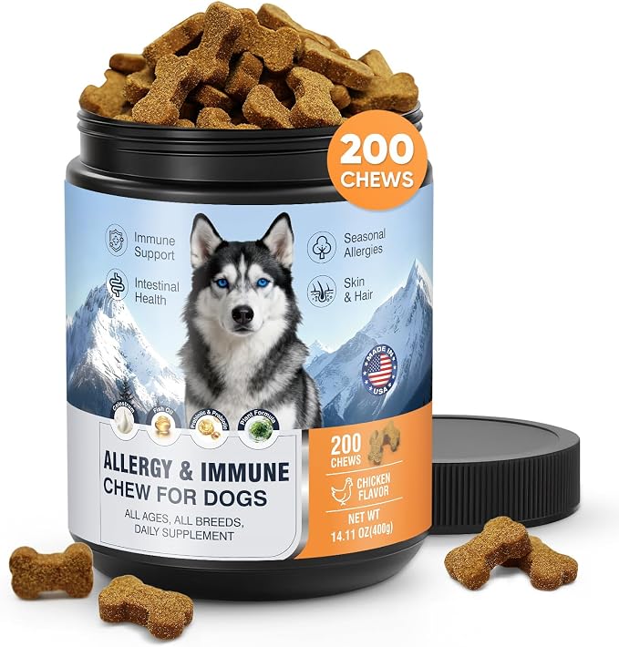 Dog Allergy Chews 200 Treats, Allergy & Itch Skin Relief Omega 3 Fish Oil Probiotics for Seasonal All Issues Allergies Skin & Hair, Gut, Immune Support-All Ages & Sizes Dogs Made in USA Chicken Flavor