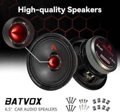 MX65E2 Loudspeaker 6.5 Inch Midrange 480 Watts 4 Ohms Red Bullet, Premium Quality Audio Door Speakers for Car or Truck Stereo Sound System, Black (2 Speakers)