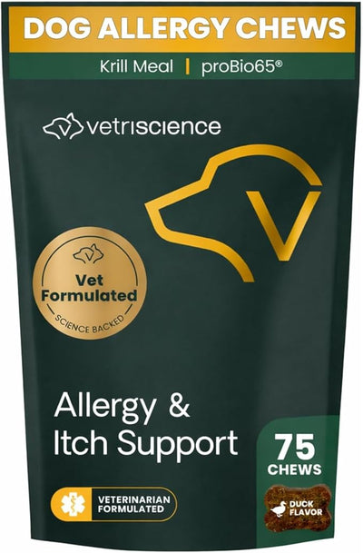 VetriScience Allergy Plus Immune Support Supplement for Dogs, Duck Flavor, 75 Chews Probiotic Allergy Relief for Dogs with Itchy Skin, Paw Licking, Watery Eyes, Sneezing and GI Support