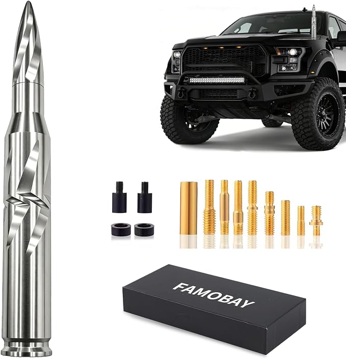Famobay Chrome Stubby Bullet Antenna Car Truck Antenna Chevy Silverado & GMC Sierra Trucks Heavy Duty Pickup Trucks Accessories（7.8inch Chrome Spiral Pattern）