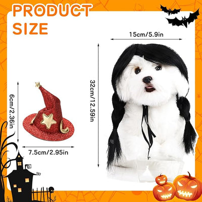 HOWWFALY Dog Costume Long Black BraidHair with Small Red Wizard Hat Styling CuteFunny Pet Hair Accessories Decoration forHalloween, Christmas, Parties