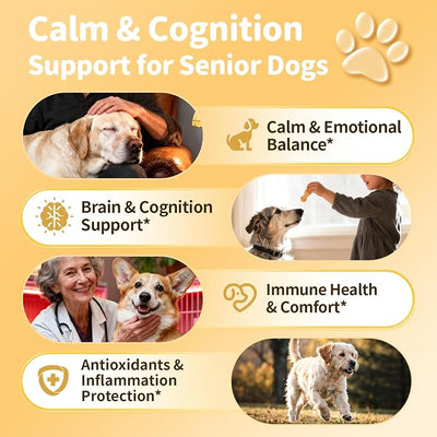 Advanced Calming Chews for Dogs-Brain & Composure Support with 7 Mushrooms, Ashwagandha, Omega-3 DHA & EPA, All Breeds & Sizes, Chicken Flavor, 90Ct