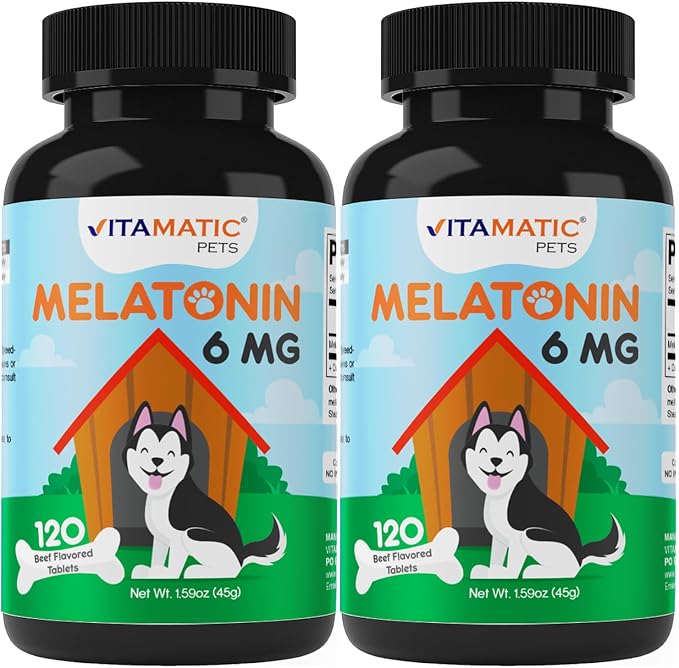 Vitamatic Melatonin for Dogs – 6 mg – 120 Chewable Tablets (Pack of 2) Beef Flavored – Natural Calming Support – Non-Habit Forming – Veterinarian Formulated
