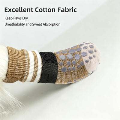 PUPTECK Anti-Slip Dog Socks with Double Sides for Small Medium Large Dogs Hardwood Floors Prevents Licking, Dog Shoes for Hot Pavement Traction Control Paw Protector for Senior Dogs, Striped Khaki XL