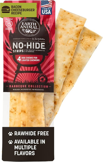Earth Animal No Hide Strips - Natural Rawhide Free Dog Chew Strips, Barbeque Bacon Cheeseburger - 4 Count