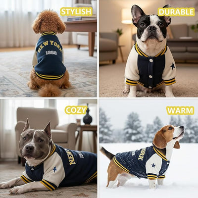 XXL Dog Winter Varsity Jacket – Fleece Dog Coat with City Embroidery, Thick Lined Snap-On Warm Outfit for Large Dogs, Doggy Sportwear for Cold Weather, Christmas Pet Costume for Pup, Navy
