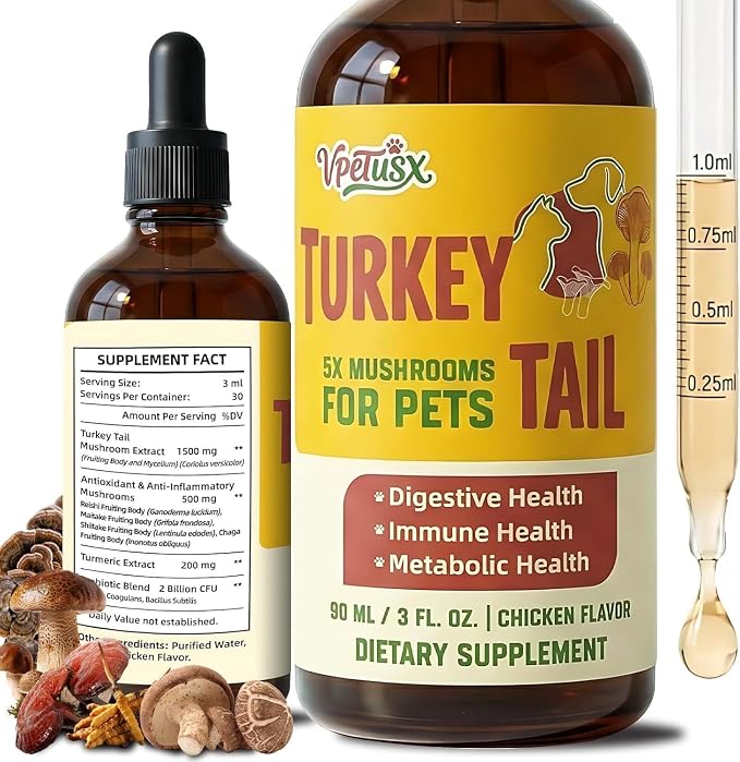 Turkey Tail Mushroom Supplement for Dogs - Liquid Immune Support Drops for Lumps & Bumps - 7-in-1 Blend with Turmeric & Probiotics, Chicken Flavor (90 ML)