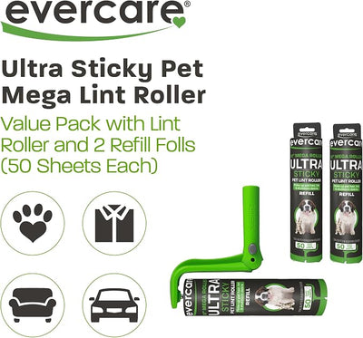 Evercare Ultra Sticky Pet Mega Lint Roller Value Pack, Manual Clothes & Furniture Cleaner with Handle and 2 Refills, 50 Sheets Each