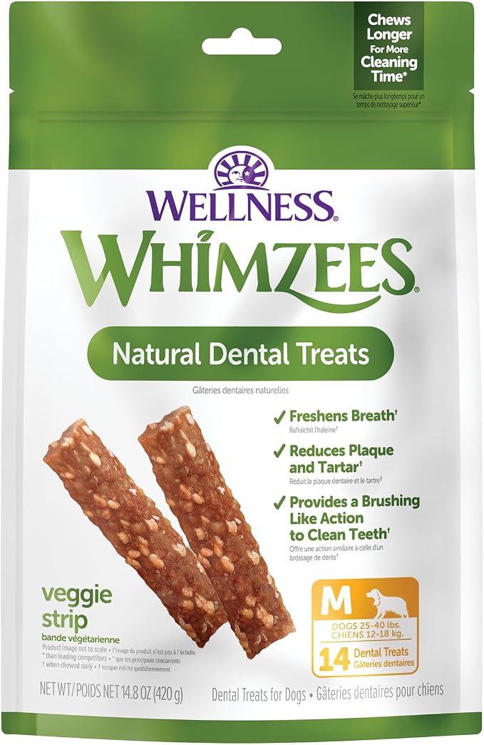 Whimzees Wellness Veggie Strip Natural Dog Dental Treat, Chews, Freshens Breath, Medium Size, 14.81 oz Bag, 14 Count