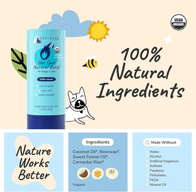 kin+kind Hot Spot Treatment for Dogs & Cats- Itch Relief, Skin Soothing and Healing Balm - Coconut Oil, Beeswax, Sweet Fennel Oil - All Natural - Made in USA