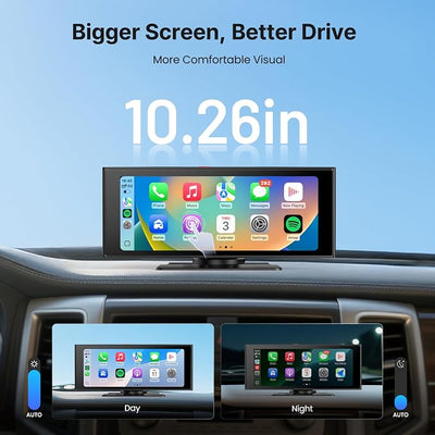 WonVon Wireless Car Play Screen, 10.26'' Monitor with Apple Carplay & Android Auto, 4K Dash Cam 64G, 1080P Backup Camera, Portable Smart Touch Tablet Stereo Multimedia Dashboard, Bluetooth/FM/GPS/AUX