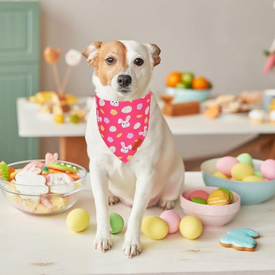 PTDECOR Easter Dog Bandana, Pink Rabbit Reversible Holiday Dog Scarf, Multi Size, Triangle Pet Easter Bandanas for Medium Large Dogs Pets (Large)