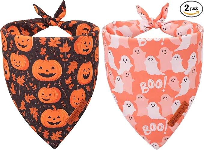 ADOGGYGO Halloween Dog Bandana, Pumpkin Ghost Pet Scarf, Orange Black Halloween Bandanas for Small Dogs Puppies (Small)