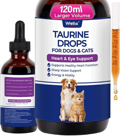 Wellix 4 oz (120 ML) Liquid Taurine Drops for Cats & Dogs, Cat & Dog Supplements & Vitamins for Heart & Vision & Immune Support, Large Bottle Taurine for Multi-Pet Households