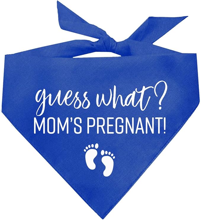 Guess What? Mom's Pregnant Dog Bandana | 100% Cotton Adjustable Triangle | Made in USA | New Baby | Pregnancy Announcement Photoshoot Prop | Gender Reveal | Royal One Size (216)