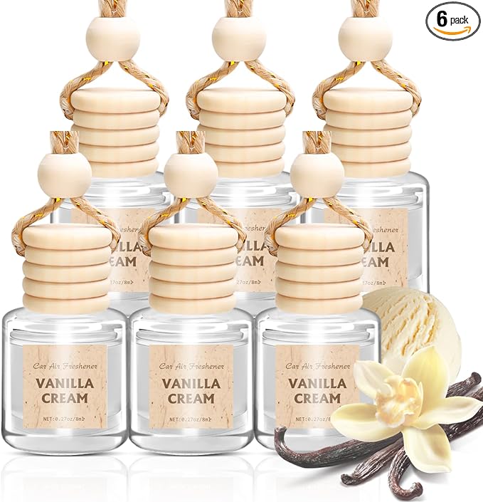 AROIC Hanging Car Air Freshener, 6 Pack Vanilla Cream Long Lasting & Refillable Air Freshener, Natural Plant Essential Oil Fragrance Aromatherapy Diffuser, Car Accessories Interior Set for Women & Men