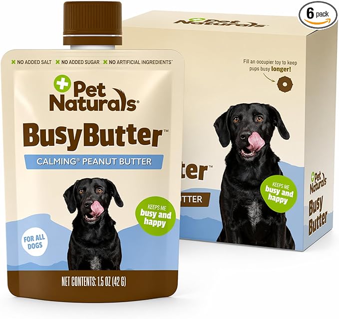 Pet Naturals BusyButter Easy Squeeze Calming Peanut Butter for Dogs, 6 Pouches - Great for Treats, Lick Mats, Training, Calming, and Occupier Toys, Busy Butter, 1.5oz (Pack of 6)