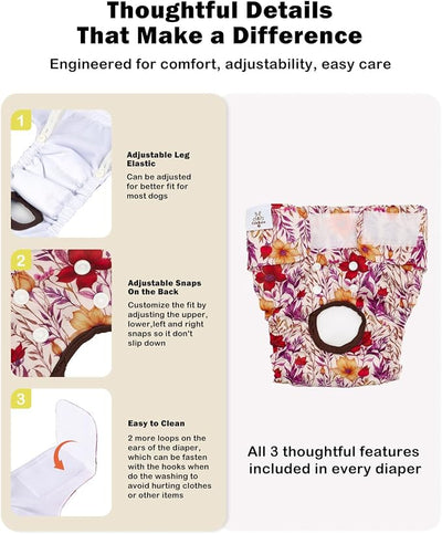 CuteBone Dog Diapers Female Washable Small Medium Large 3 Pack Reusable Doggie Diapers Puppy Period Pants for Doggy Heat Cycle Peeing